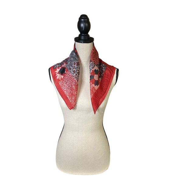 Accessories - Vintage Patchwork Quilt Print Square Scarf Red Cottagecore Boho Country Western